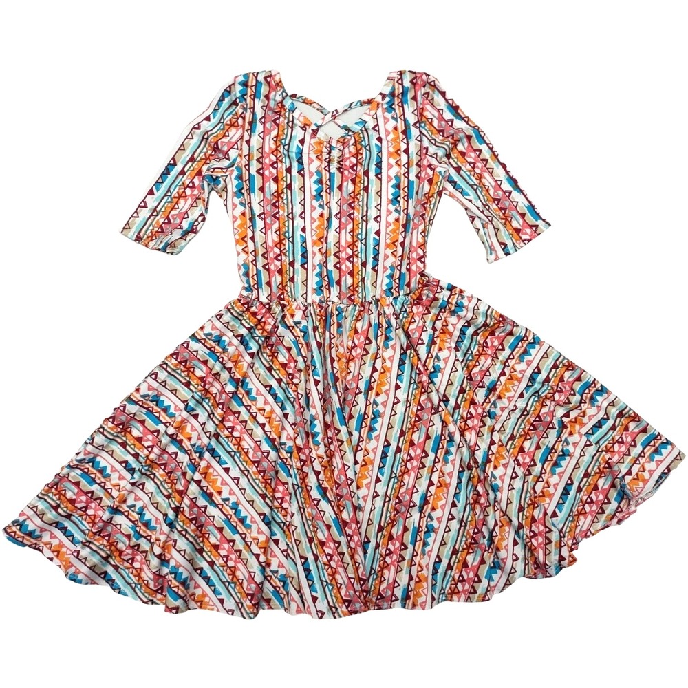 Dot Smile Girls 7 Orange Turquoise Ballerina Twirl Dress 3/4 Sleeve‎ Triangles